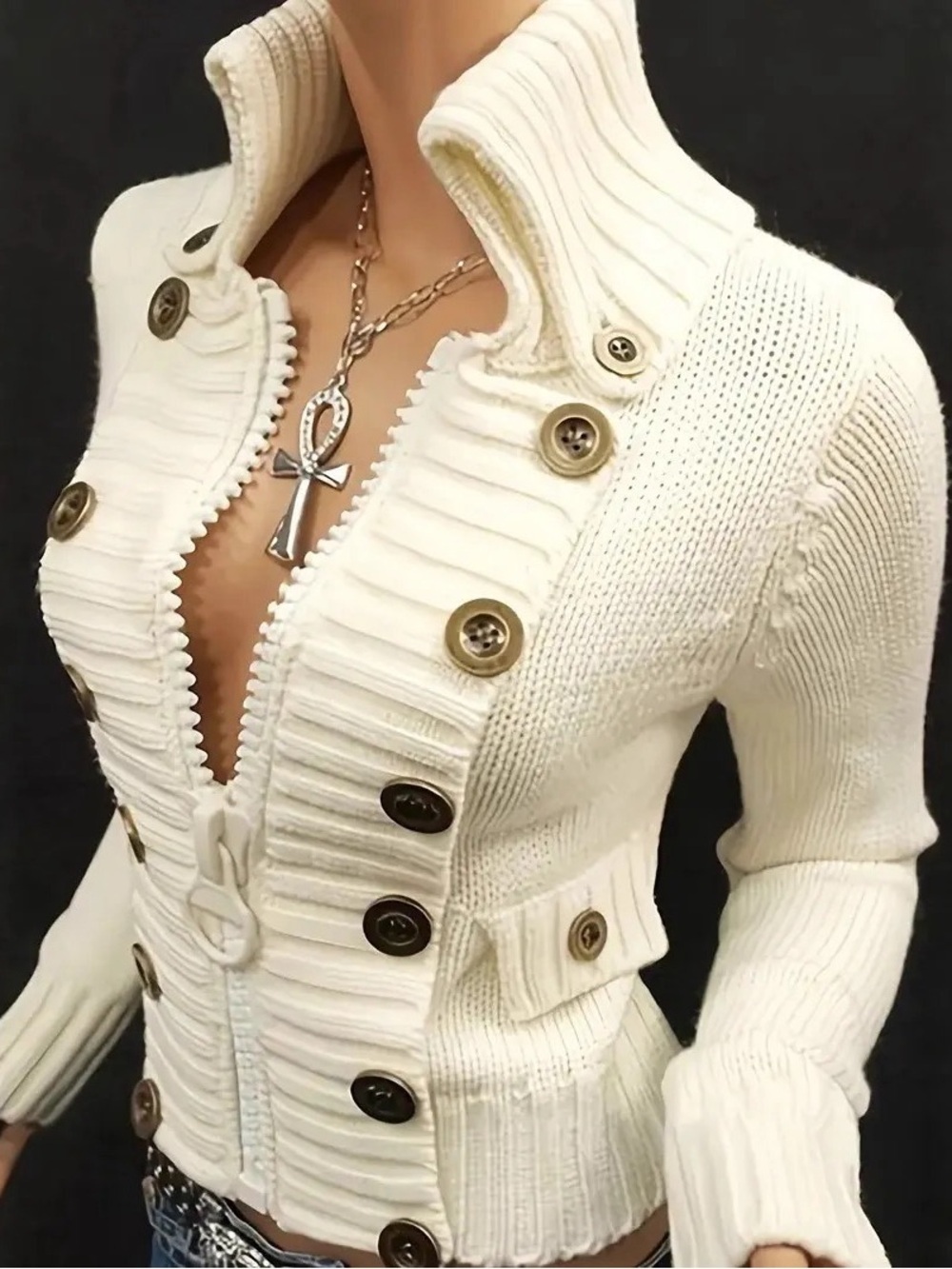 Cream Ribbed Button-Front Women's Sweater Jacket